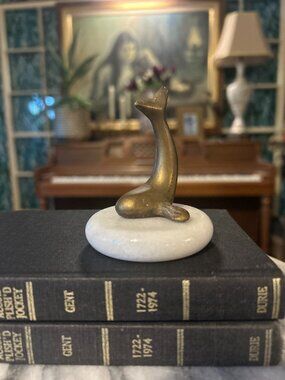 Vintage Brass Whale on Marble Base, Vintage Coastal Sculpture Miniature